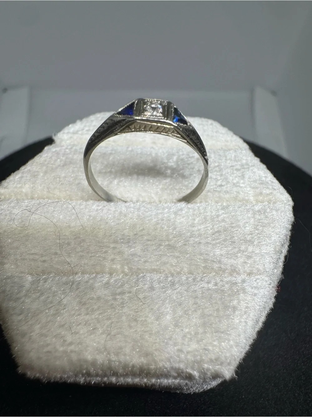 Antique Art Deco 1920s 14K White Gold Natural Sapphire & Diamond Ring Size 5.75